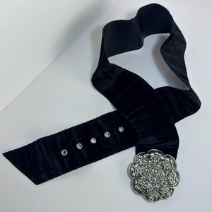 Elegant Black Velvet Belt with Silver Rhinestone Plate Buckle Anchor Style